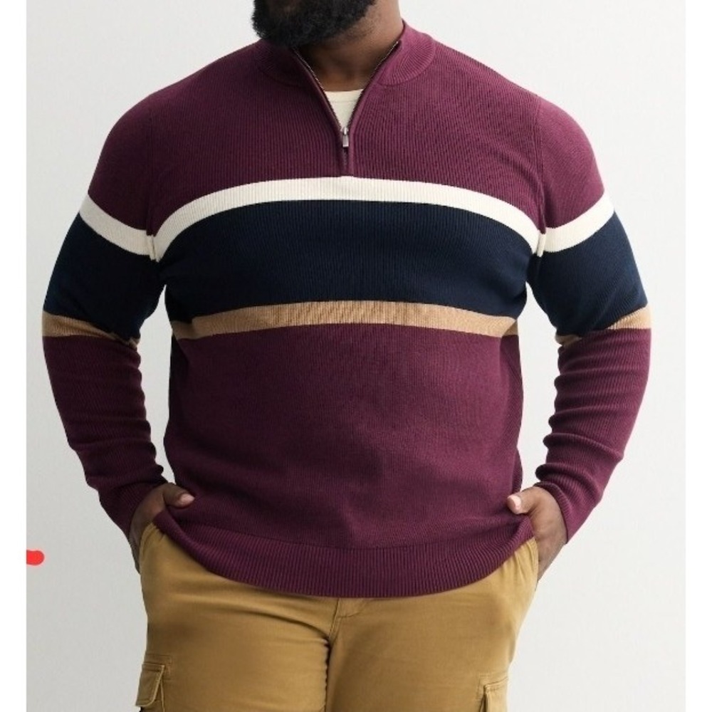 Sonoma Men Burgundy Stripe 1/4 Zip Pullover Knit Sweater Preppy 2XB NEW